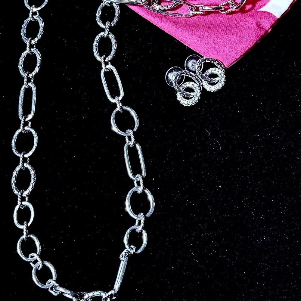 Brighton Silver Long Link Necklace Drop Earrings Set Textured Oval Links Retired - Picture 12 of 14